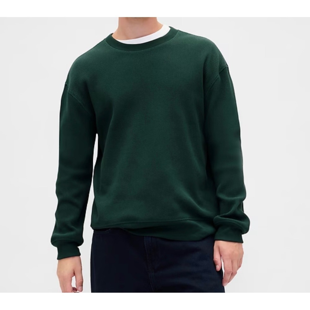 Gap Mens Waffle Knit Crewneck Sweatshirt Hunter Green Thermal Pullover New L